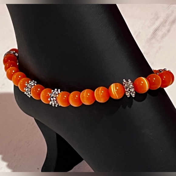 Orange Cat-Eye Handmade Beaded Ankle Bracelet with Silver Daisy Accents - Picture 1 of 6